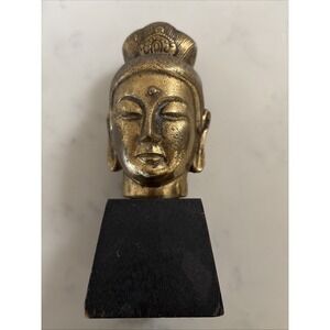 Vintage‎ Buddha Brass Head Sculpture Zen Spiritual Decor Protection w/ Wood Base